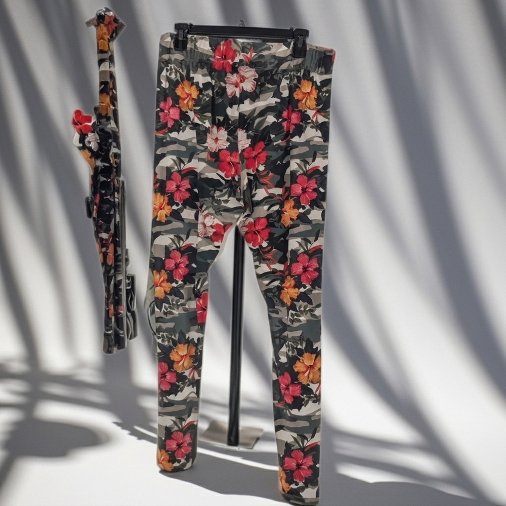 Floral Camo Leggings with Pink & Orange Hibiscus Print